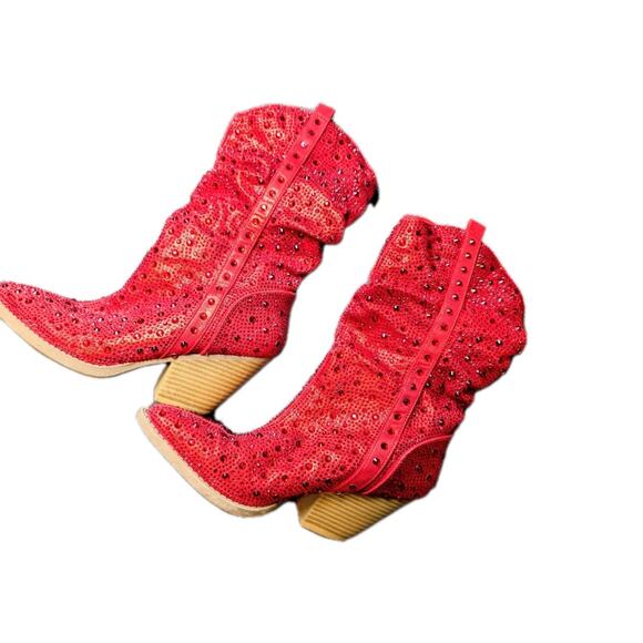 Bling Rhinestone Cowboy Cowgirl Western Mid Calf Slouch Boots 8.5 Holiday - Picture 2 of 7